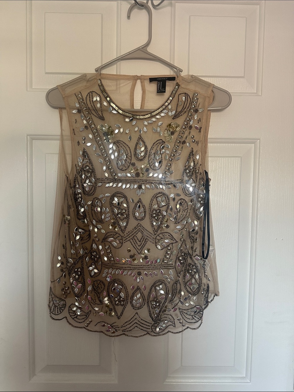 Forever 21 Nude Sheer Beaded Camisole with Silver Sequins